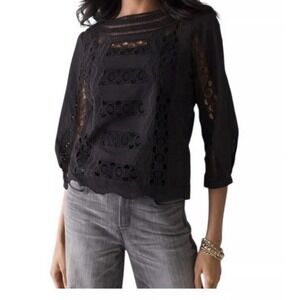 White House Black Market Black All-Over Lace  3/4 Sleeve Top Women's Size 8 NWT
